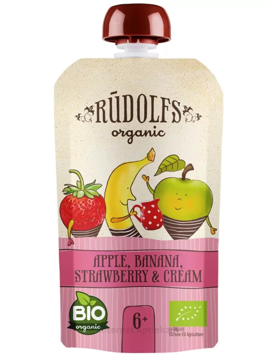Ābolu, banānu, zemeņu BIO biezenis ar saldo krējumu, 110 g., Rūdolfs