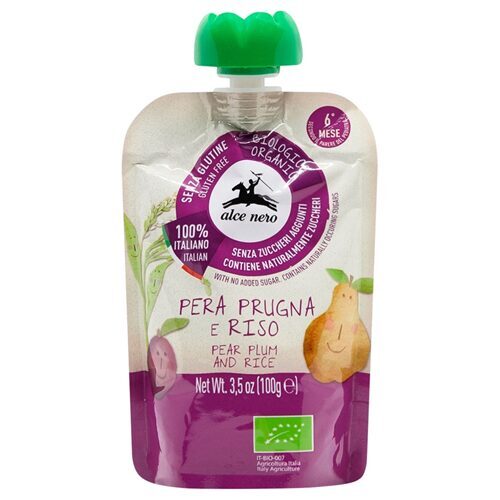 Alce Nero Eco bumbieru, plūmju un rīsu biezenis (6m+) 100g