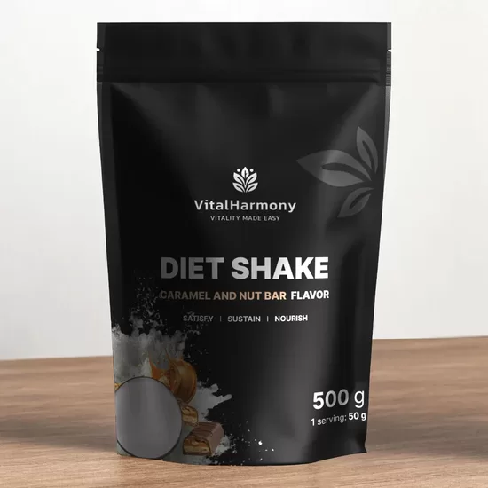 VitalHarmony Diet Shake 500g ar šokolādes- karameļu- riekstu batoniņa garšu