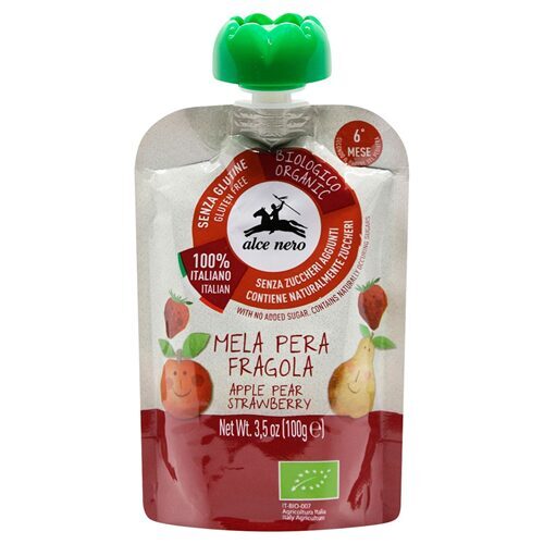 Alce Nero Eco ābolu, bumbieru un zemeņu biezenis (6m+) 100g